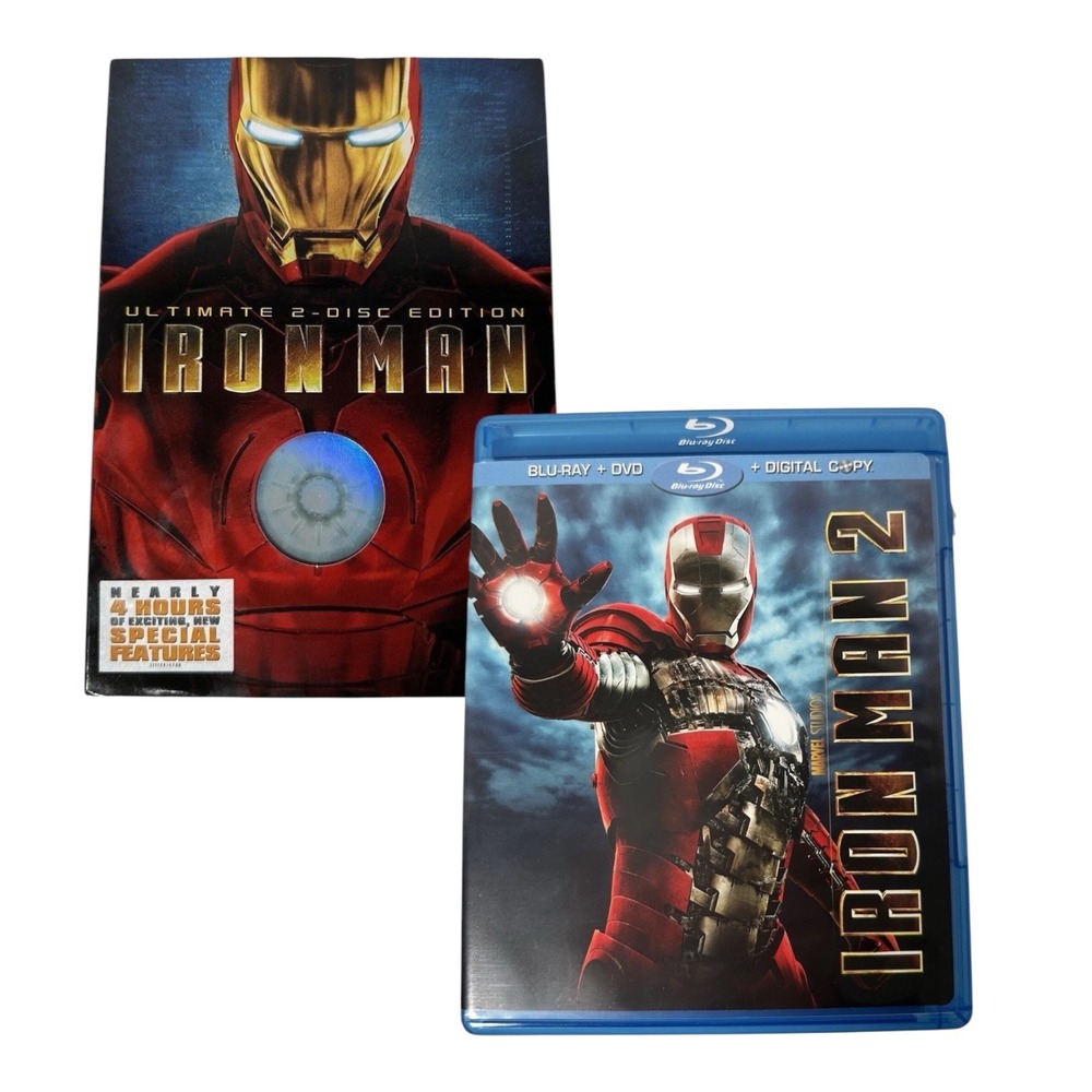 Marvel Iron‎ Man and Iron Man 2 Blu-ray DVD Movie Bundle Set Red Gold MCU